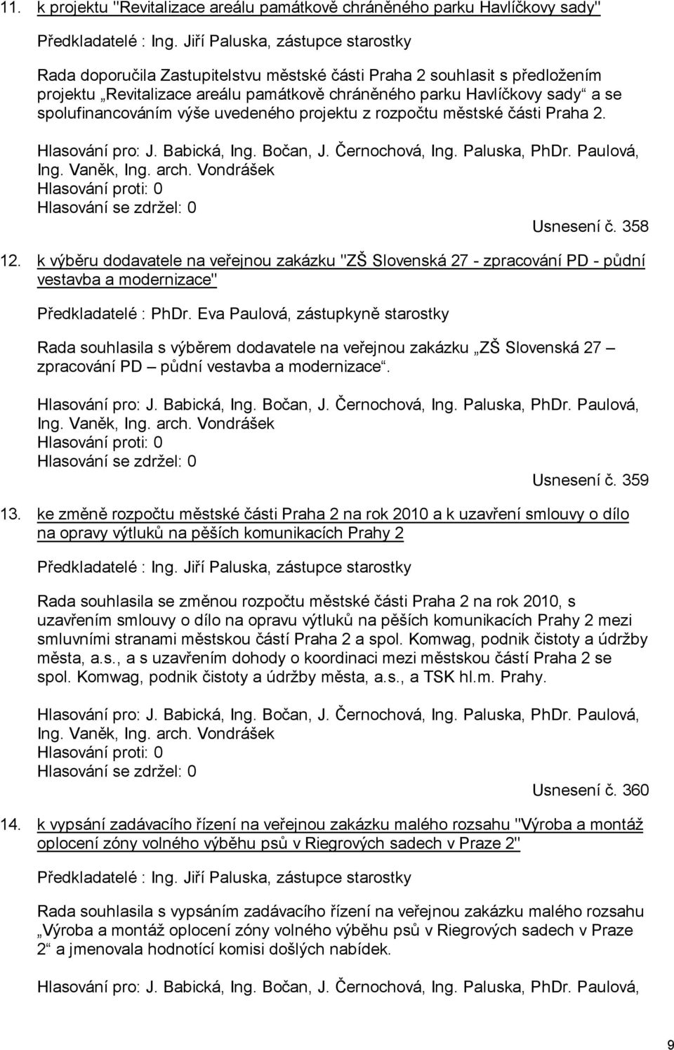 spolufinancováním výše uvedeného projektu z rozpočtu městské části Praha 2. Hlasování pro: J. Babická, Ing. Bočan, J. Černochová, Ing. Paluska, PhDr. Paulová, Ing. Vaněk, Ing. arch.