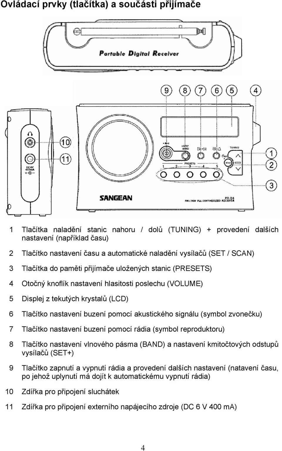 pomocí akustického signálu (symbol zvonečku) 7 Tlačítko nastavení buzení pomocí rádia (symbol reproduktoru) 8 Tlačítko nastavení vlnového pásma (BAND) a nastavení kmitočtových odstupů vysílačů (SET+)