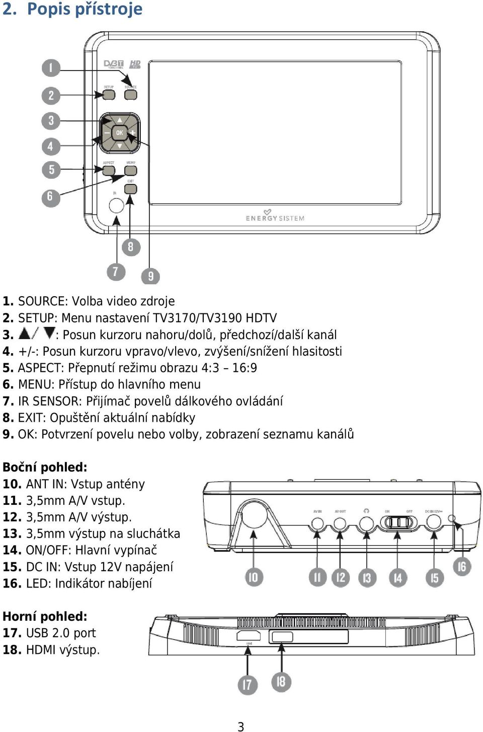 IR SENSOR: Přijímač povelů dálkového ovládání 8. EXIT: Opuštění aktuální nabídky 9. OK: Potvrzení povelu nebo volby, zobrazení seznamu kanálů Boční pohled: 10.