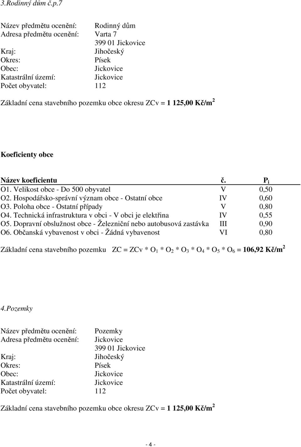 stavebního pozemku obce okresu ZCv = 1 125,00 Kč/m 2 Koeficienty obce Název koeficientu č. P i O1. Velikost obce - Do 500 obyvatel V 0,50 O2. Hospodářsko-správní význam obce - Ostatní obce IV 0,60 O3.