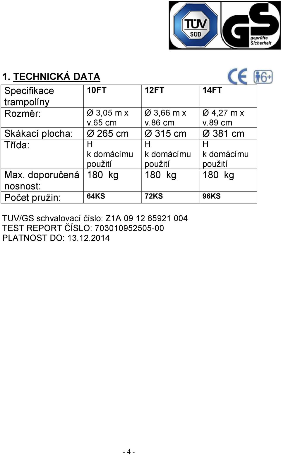 89 cm Skákací plocha: Ø 265 cm Ø 315 cm Ø 381 cm Třída: H k domácímu pouţití H k domácímu pouţití H k