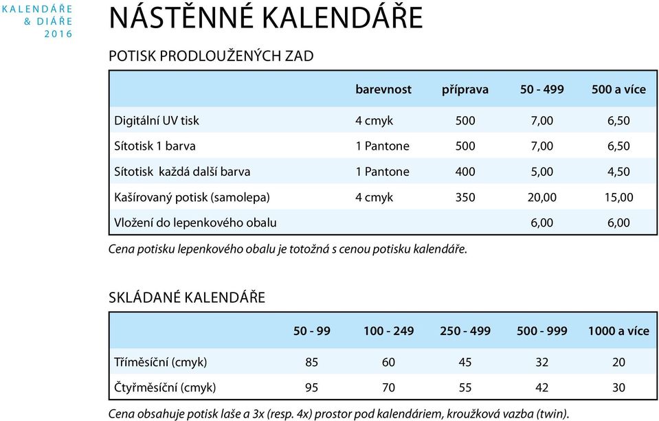 6,00 6,00 Cena potisku lepenkového obalu je totožná s cenou potisku kalendáře.