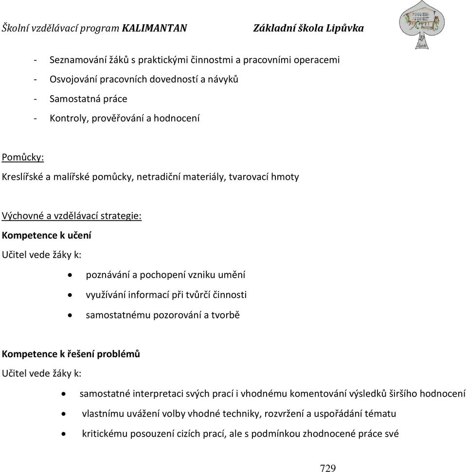 využívání informací při tvůrčí činnosti samostatnému pozorování a tvorbě Kompetence k řešení problémů Učitel vede žáky k: samostatné interpretaci svých prací i vhodnému