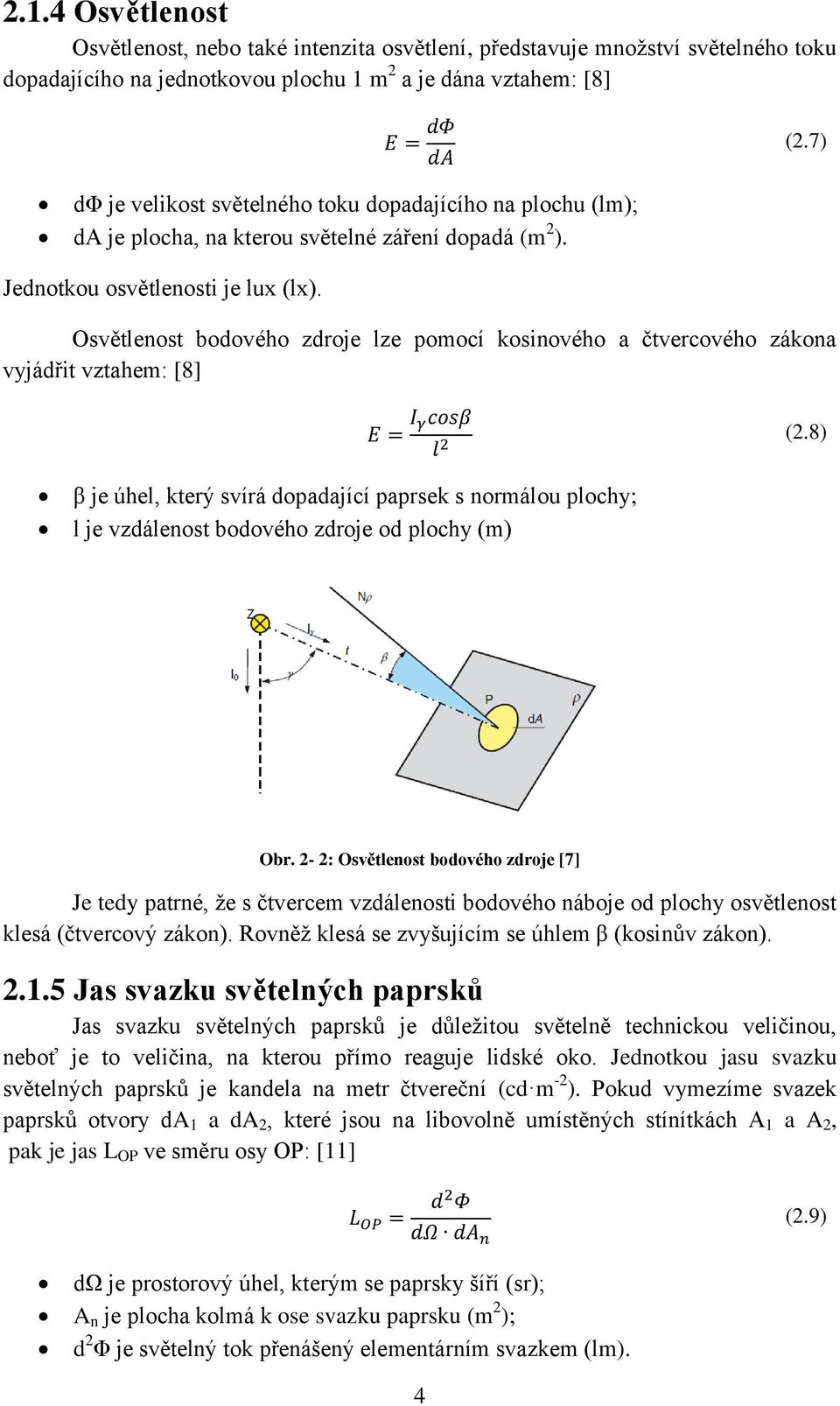 Osvětlenost bodového zdroje lze pomocí kosinového a čtvercového zákona vyjádřit vztahem: [8] (2.