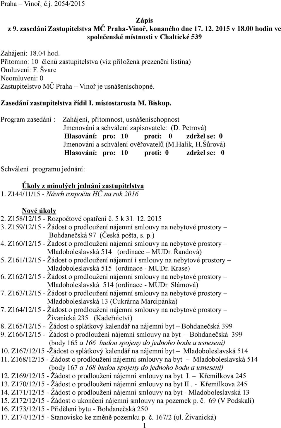 Biskup. Program zasedání : Zahájení, přítomnost, usnášeníschopnost Jmenování a schválení zapisovatele: (D. Petrová) Jmenování a schválení ověřovatelů (M.Halík, H.