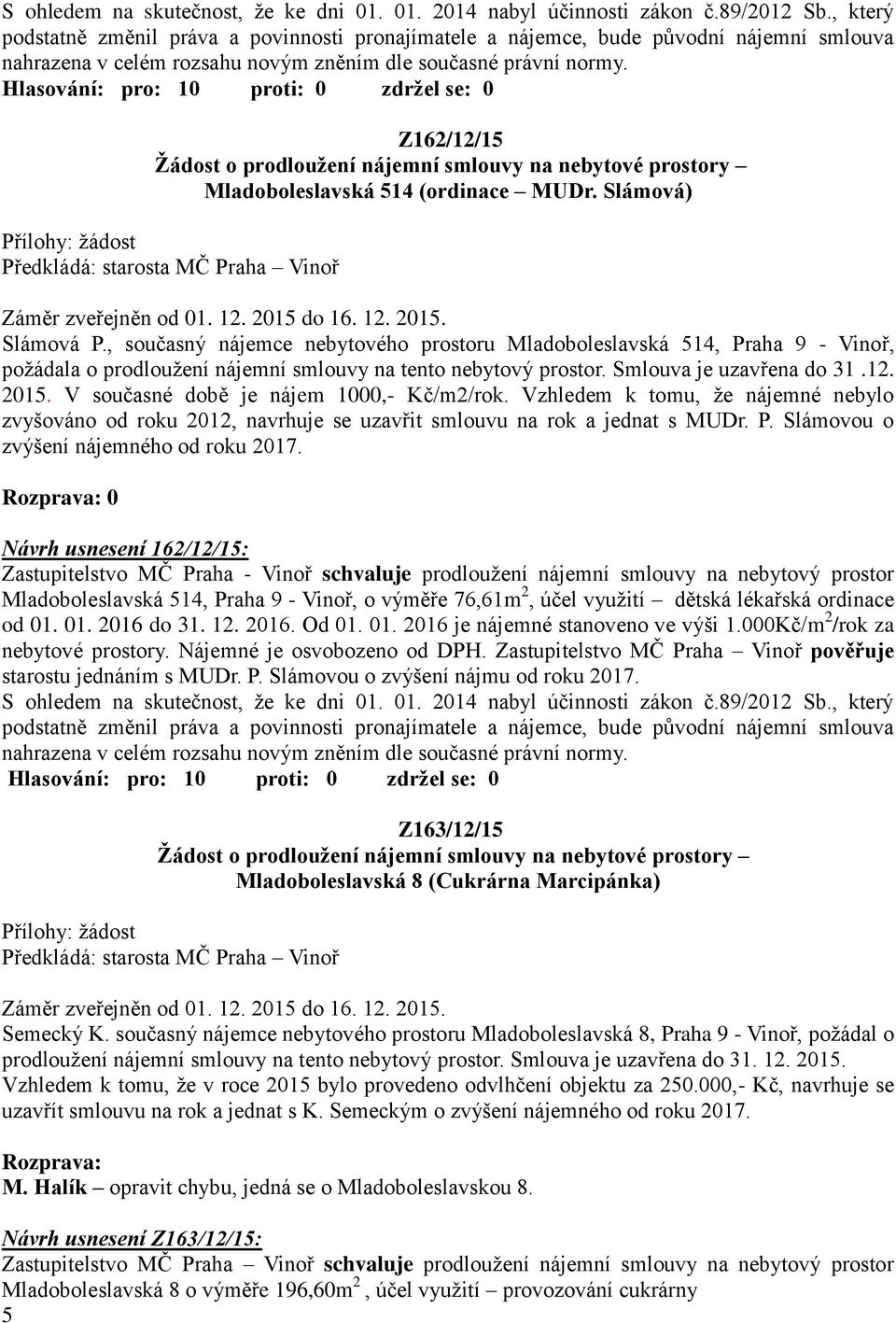 Z162/12/15 Ţádost o prodlouţení nájemní smlouvy na nebytové prostory Mladoboleslavská 514 (ordinace MUDr. Slámová) Záměr zveřejněn od 01. 12. 2015 do 16. 12. 2015. Slámová P.