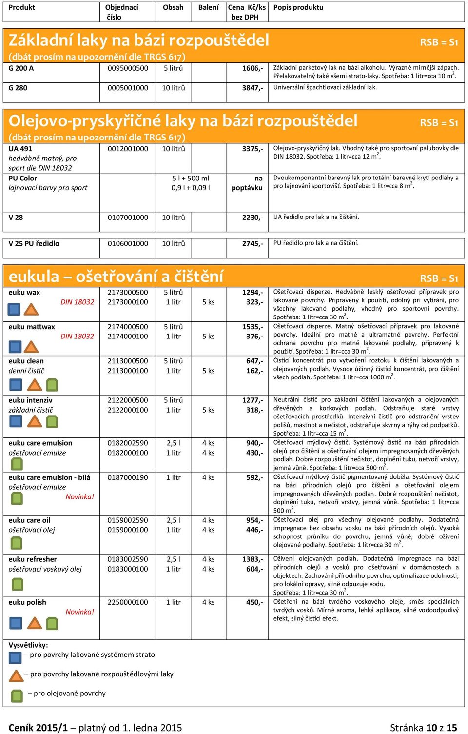 Olejovo-pryskyřičné laky bázi rozpouštědel (dbát prosím upozornění dle TRGS 617) UA 491 hedvábně matný, pro sport dle DIN 18032 PU Color lajnovací barvy pro sport 0012001000 itrů 3375,-