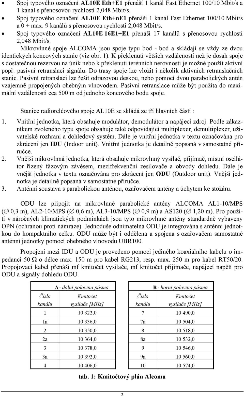 Spoj typového označení AL10E 16E1+E1 přenáší 17 kanálů s přenosovou rychlostí 2,048 Mbit/s.