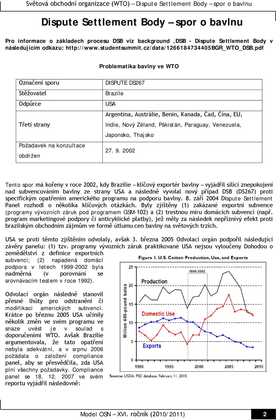 pdf Problematika bavlny ve WTO Označení sporu Stěžovatel Odpůrce Třetí strany Požadavek na konzultace obdržen DISPUTE DS267 Brazíle USA Argentina, Austrálie, Benin, Kanada, Čad, Čína, EU, Indie, Nový