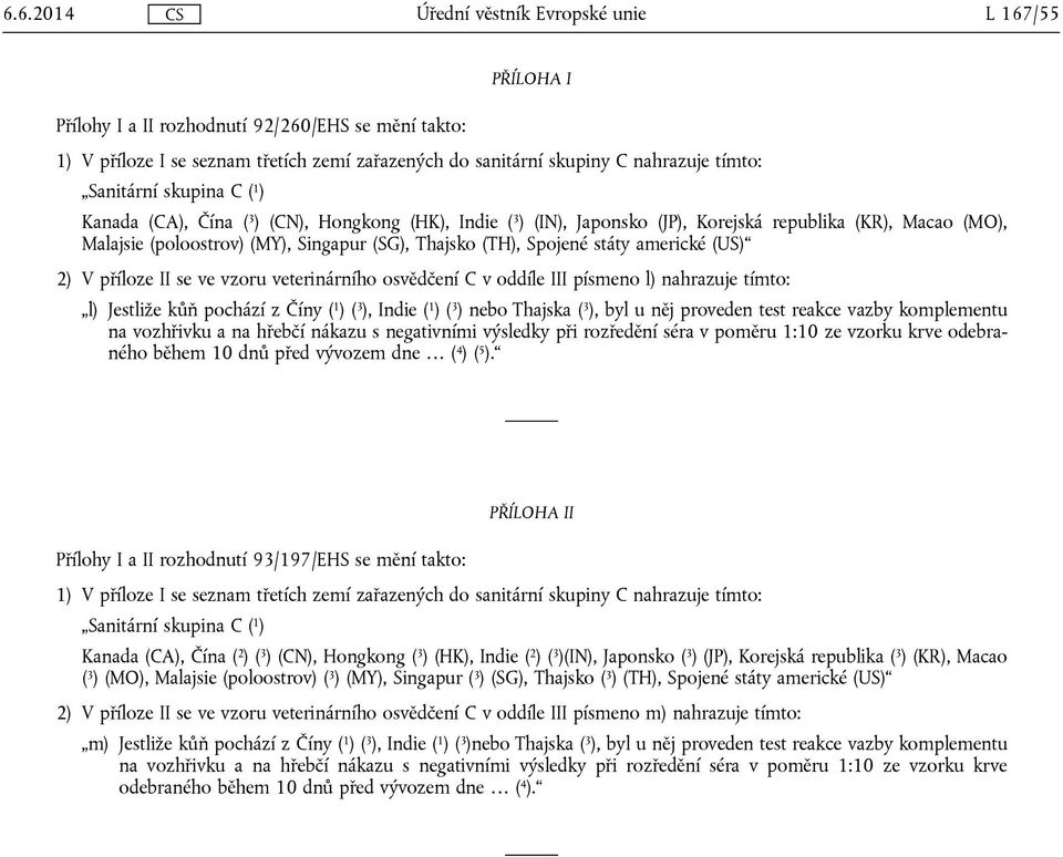 II se ve vzoru veterinárního osvědčení C v oddíle III písmeno l) nahrazuje tímto: l) Jestliže kůň pochází z Číny ( 1 ) ( 3 ), Indie ( 1 ) ( 3 ) nebo Thajska ( 3 ), byl u něj proveden test reakce