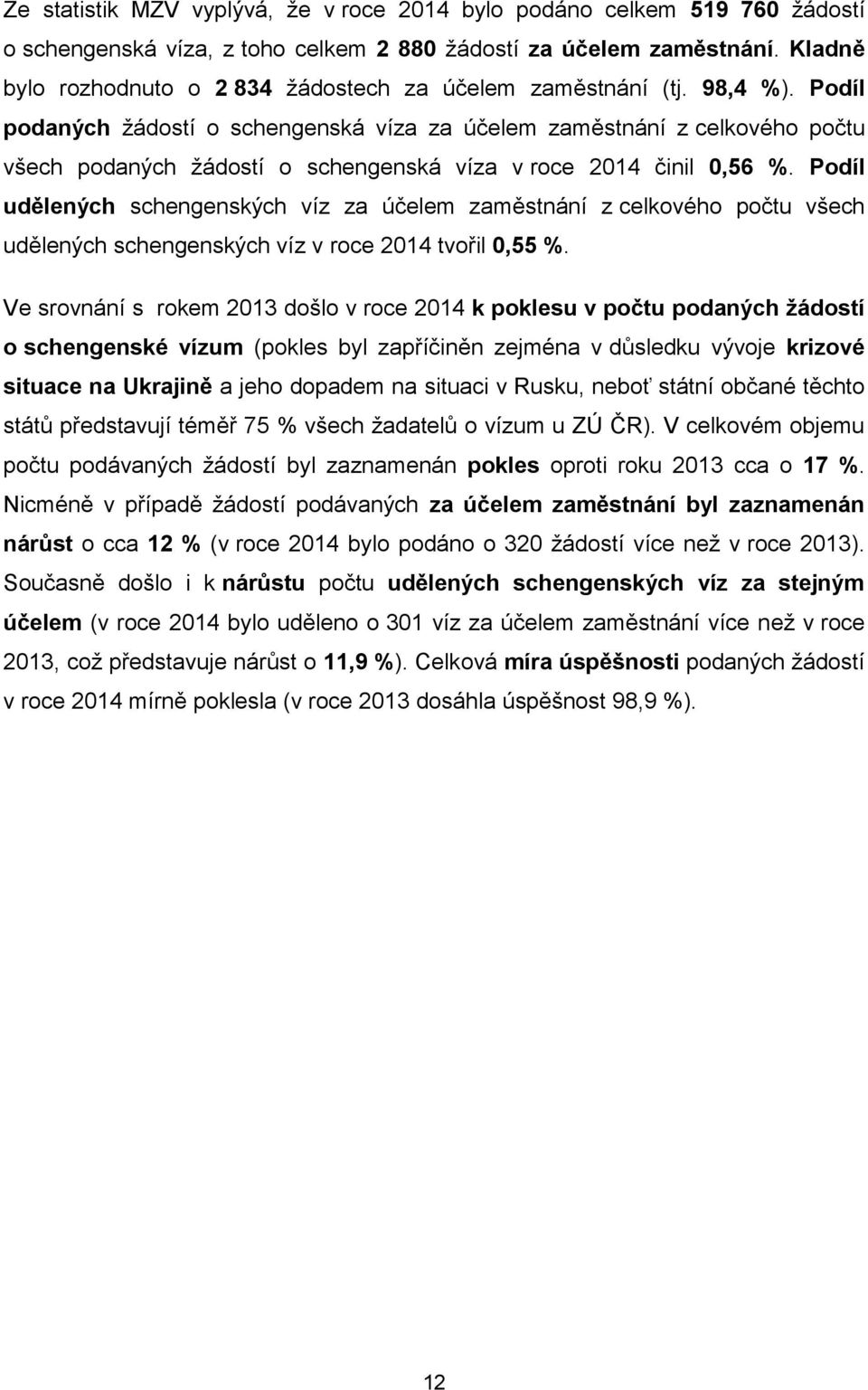 Podíl podaných žádostí o schengenská víza za účelem zaměstnání z celkového počtu všech podaných žádostí o schengenská víza v roce 2014 činil 0,56 %.