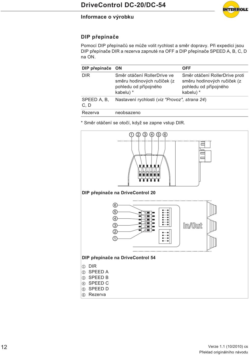 DIP p epína e ON OFF DIR SPEED A, B, C, D Rezerva Sm r otá ení RollerDrive ve sm ru hodinových ru i ek (z pohledu od p ípojného kabelu) * Nastavení rychlosti (viz