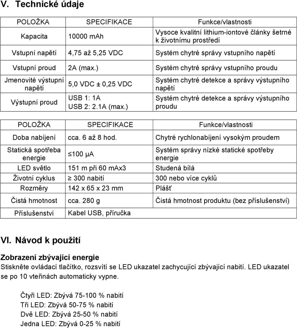 ) Systém chytré detekce a správy výstupního napětí Systém chytré detekce a správy výstupního proudu POLOŽKA SPECIFIKACE Funkce/vlastnosti Doba nabíjení cca. 6 až 8 hod.