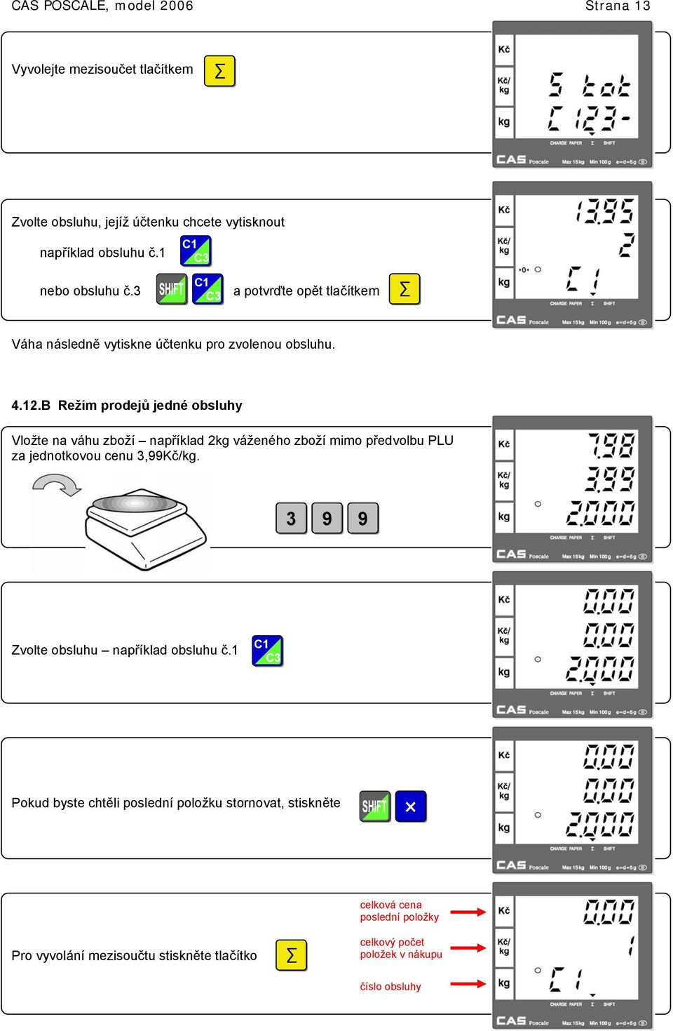 B Režim prodejů jedné obsluhy Vložte na váhu zboží například 2kg váženého zboží mimo předvolbu PLU za jednotkovou cenu 3,99Kč/kg.
