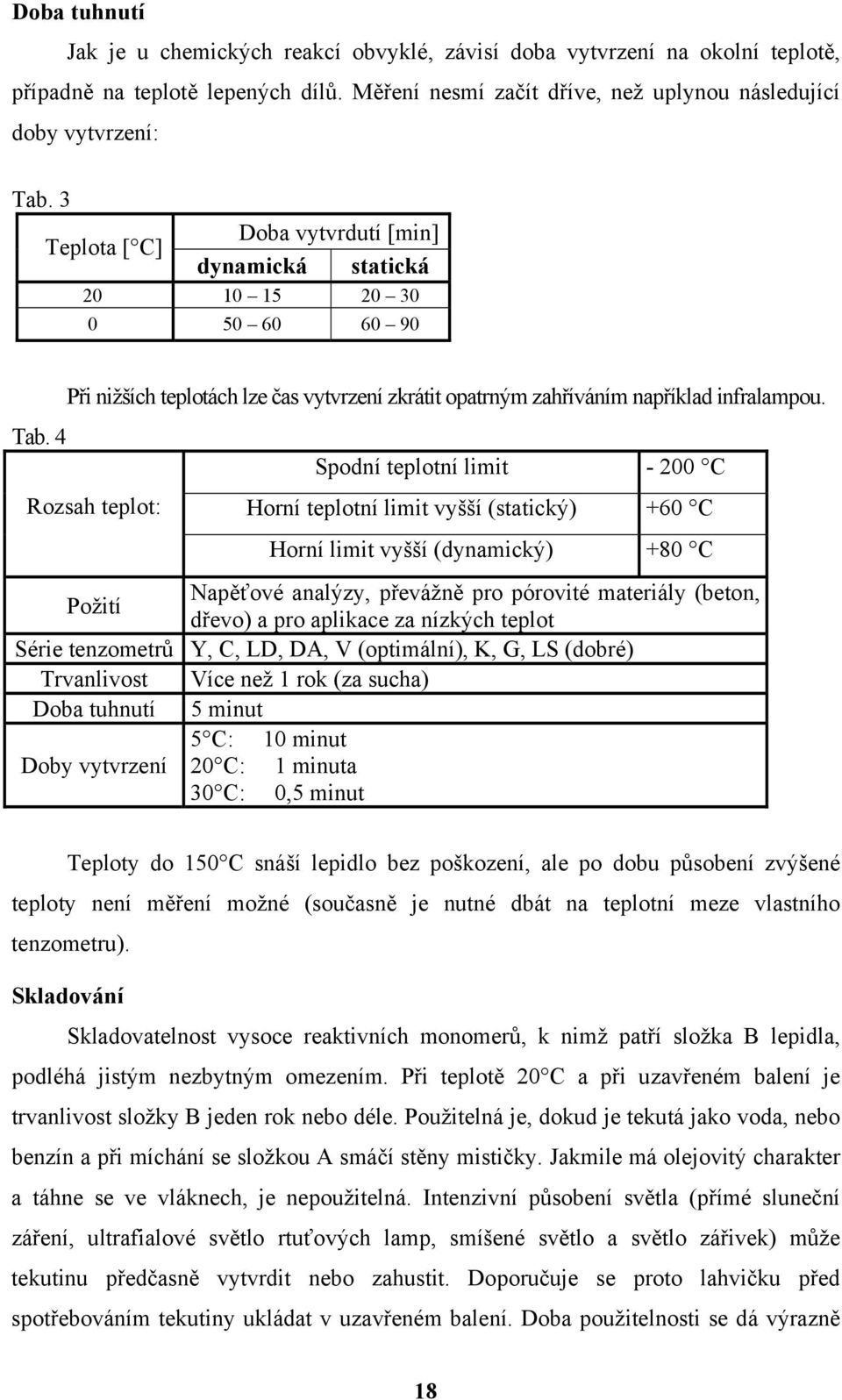 4 Spodní teplotní limit - 200 C Rozsah teplot: Horní teplotní limit vyšší (statický) +60 C Horní limit vyšší (dynamický) +80 C Požití Napěťové analýzy, převážně pro pórovité materiály (beton, dřevo)