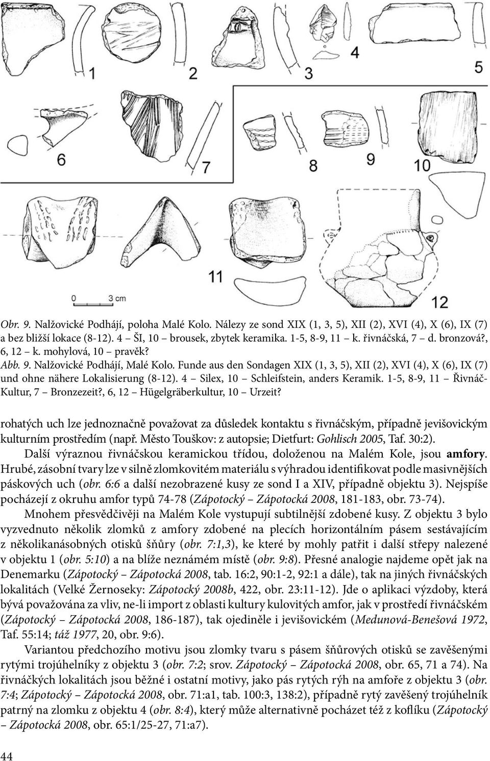 Funde aus den Sondagen XIX (1, 3, 5), XII (2), XVI (4), X (6), IX (7) und ohne nähere Lokalisierung (8-12). 4 Silex, 10 Schleifstein, anders Keramik. 1-5, 8-9, 11 Řivnáč- Kultur, 7 Bronzezeit?