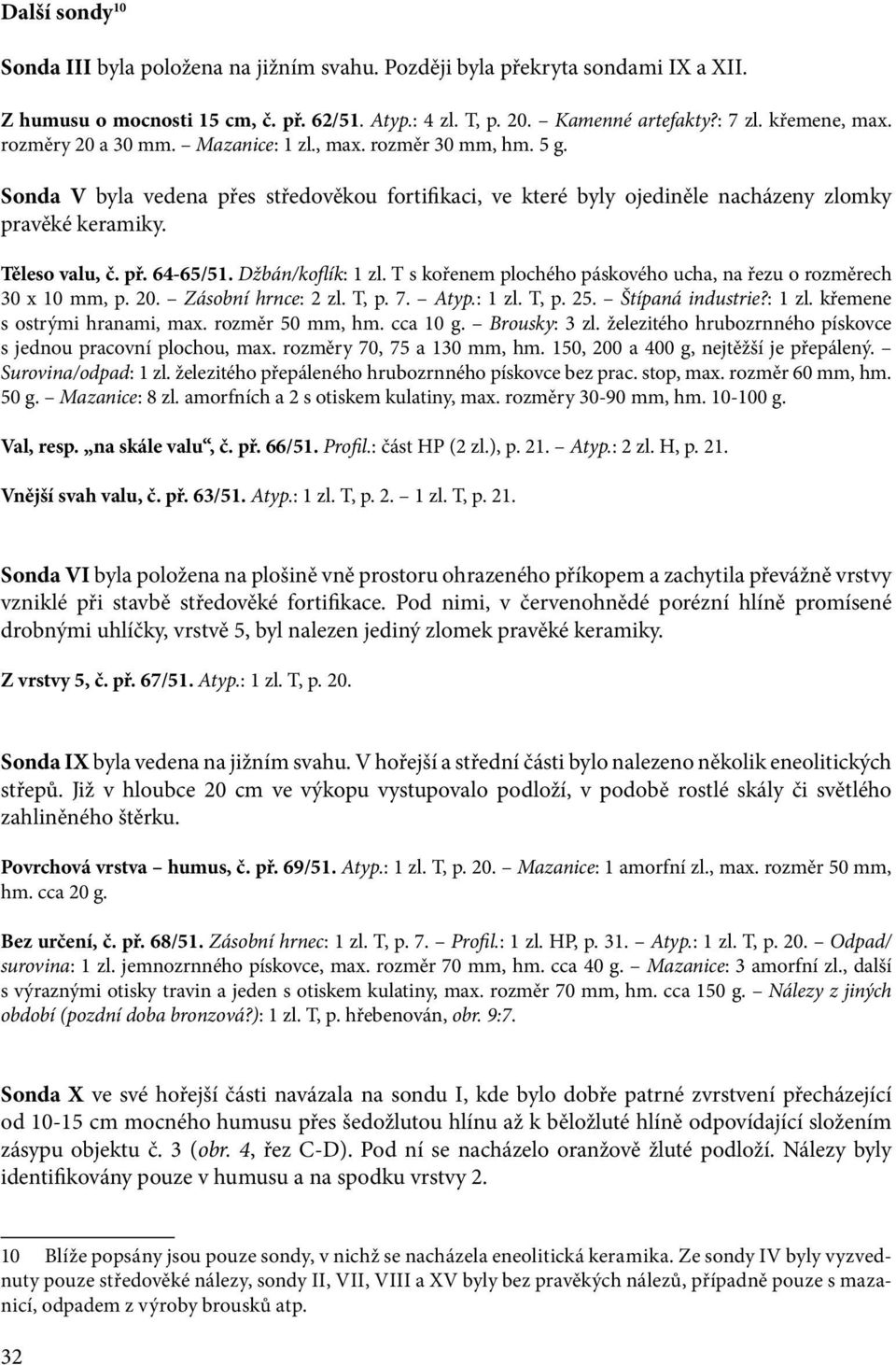 Džbán/koflík: 1 zl. T s kořenem plochého páskového ucha, na řezu o rozměrech 30 x 10 mm, p. 20. Zásobní hrnce: 2 zl. T, p. 7. Atyp.: 1 zl. T, p. 25. Štípaná industrie?: 1 zl. křemene s ostrými hranami, max.