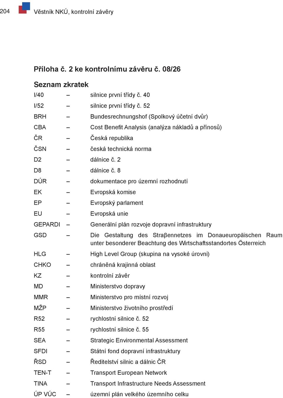 8 DÚR dokumentace pro územní rozhodnutí EK Evropská komise EP Evropský parlament EU Evropská unie GEPARDI Generální plán rozvoje dopravní infrastruktury GSD Die Gestaltung des Straβennetzes im