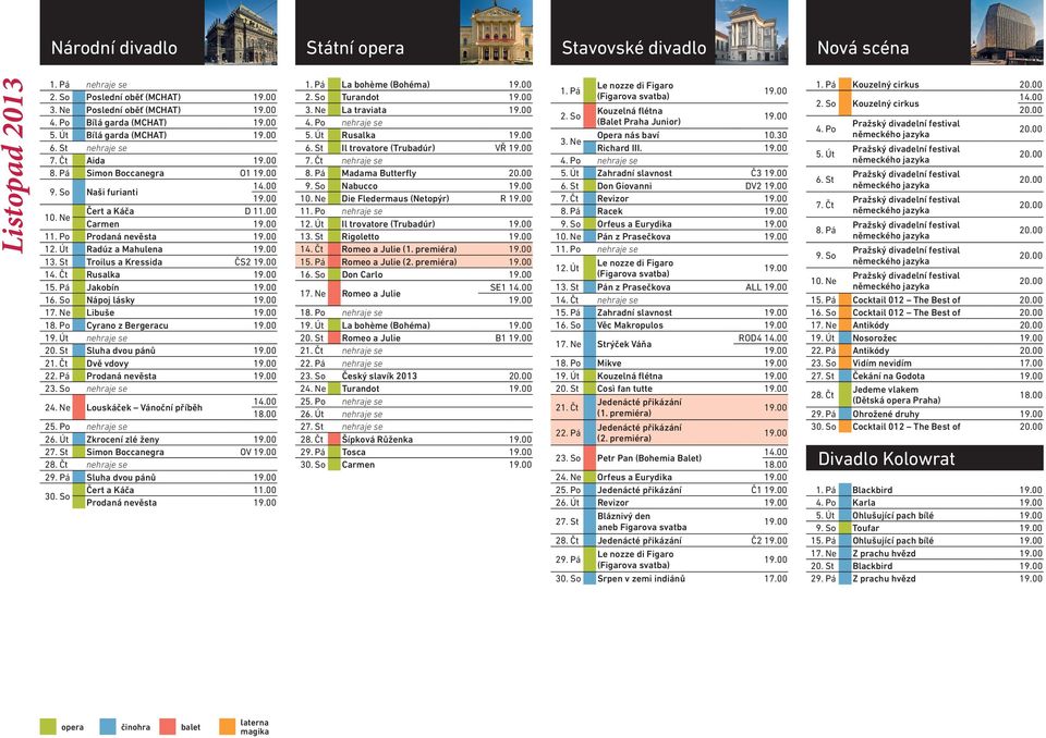 Po Cyrano z Bergeracu 19. Út nehraje se 20. St Sluha dvou pánů 21. Čt Dvě vdovy 22. Pá Prodaná nevěsta 23. So nehraje se 24. Ne Louskáček Vánoční příběh 25. Po nehraje se 26. Út Zkrocení zlé ženy 27.