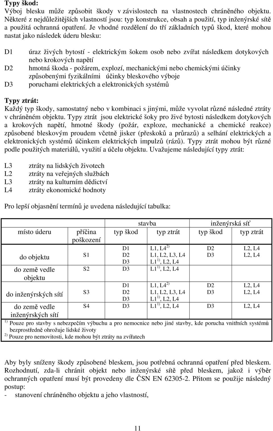 Je vhodné rozdělení do tří základních typů škod, které mohou nastat jako následek úderu blesku: D1 D2 D3 úraz živých bytostí - elektrickým šokem osob nebo zvířat následkem dotykových nebo krokových