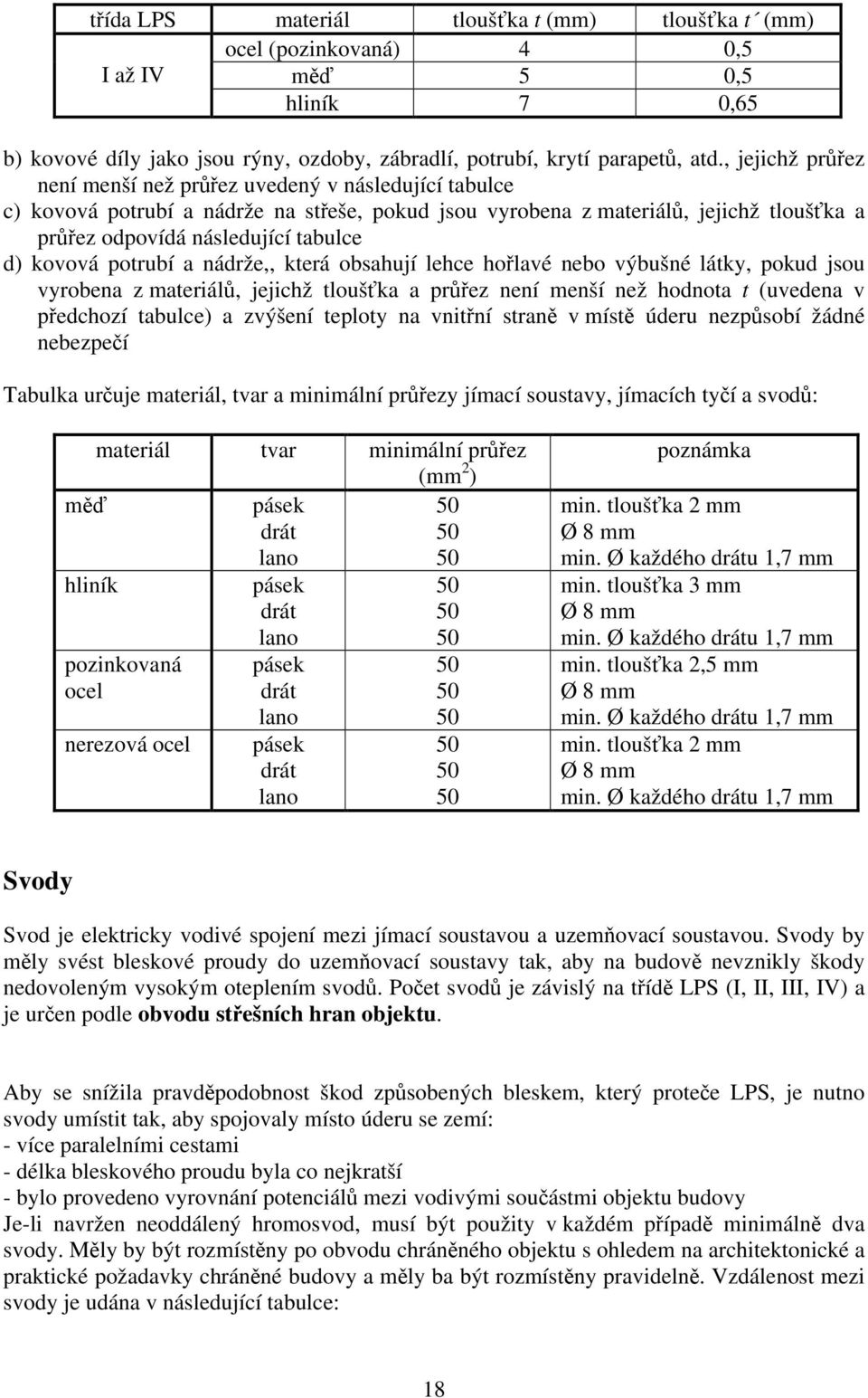 kovová potrubí a nádrže,, která obsahují lehce hořlavé nebo výbušné látky, pokud jsou vyrobena z materiálů, jejichž tloušťka a průřez není menší než hodnota t (uvedena v předchozí tabulce) a zvýšení