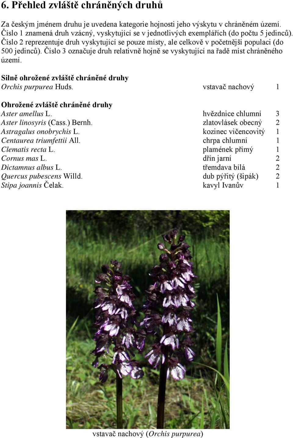 Číslo 3 označuje druh relativně hojně se vyskytující na řadě míst chráněného území. Silně ohrožené zvláště chráněné druhy Orchis purpurea Huds.