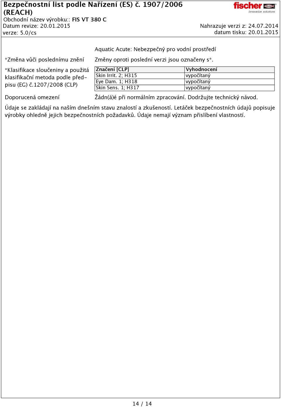 1; H318 vypočítaný Skin Sens. 1; H317 vypočítaný Žádn(á)é při normálním zpracování. Dodržujte technický návod.