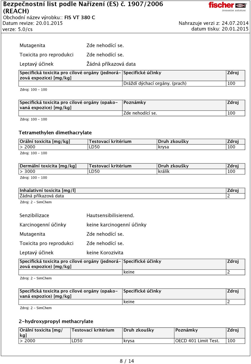 Dermální toxicita [mg/kg] Testovací kritérium Druh zkoušky > 3000 LD50 králík 100 Inhalativní toxicita [mg/l] 2 : 2 - SimChem Senzibilizace Karcinogenní účinky Mutagenita Toxicita pro reprodukci