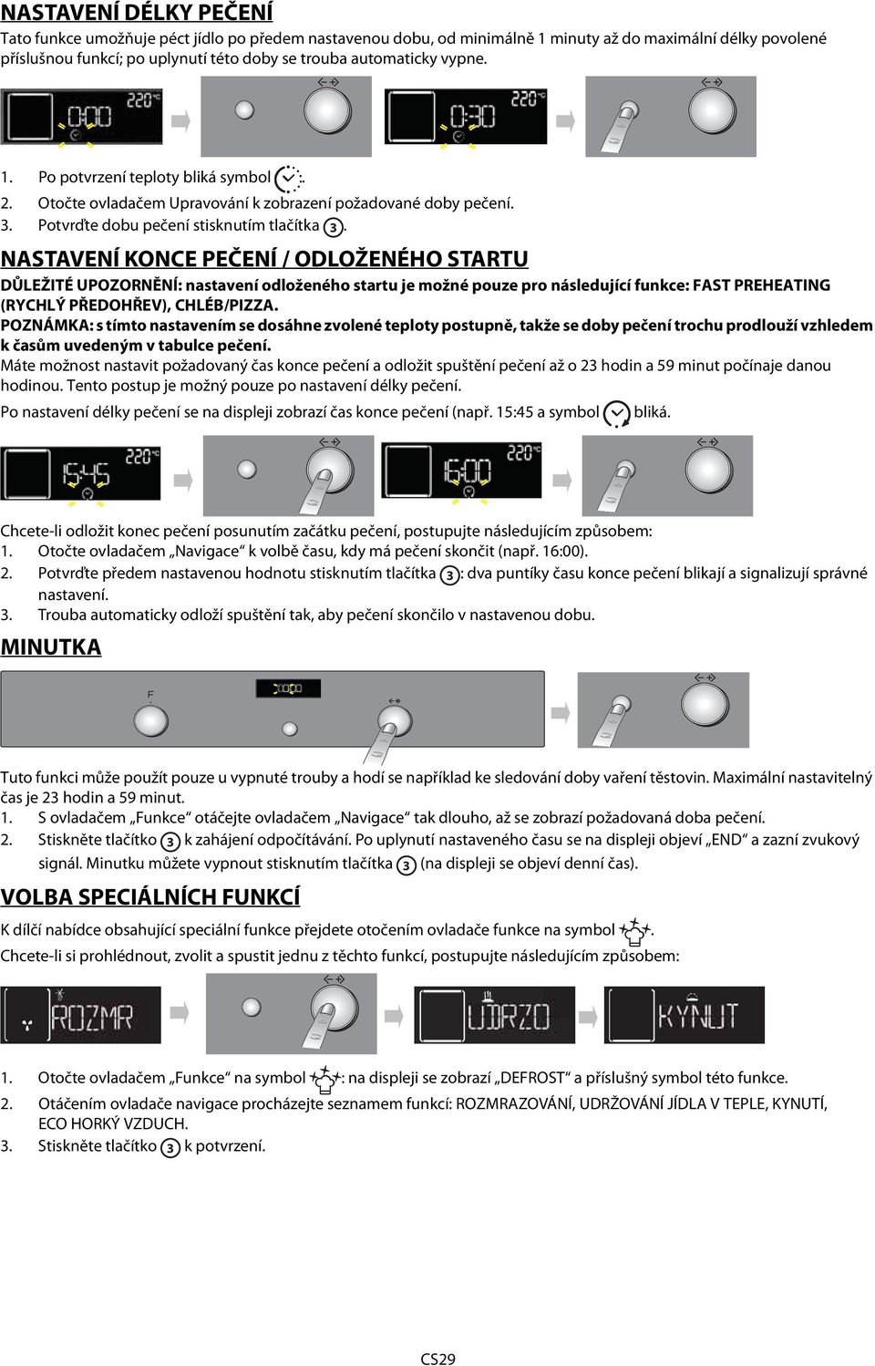 NASTAVENÍ KONCE PEČENÍ / ODLOŽENÉHO STARTU DŮLEŽITÉ UPOZORNĚNÍ: nastavení odloženého startu je možné pouze pro následující funkce: FAST PREHEATING (RYCHLÝ PŘEDOHŘEV), CHLÉB/PIZZA.