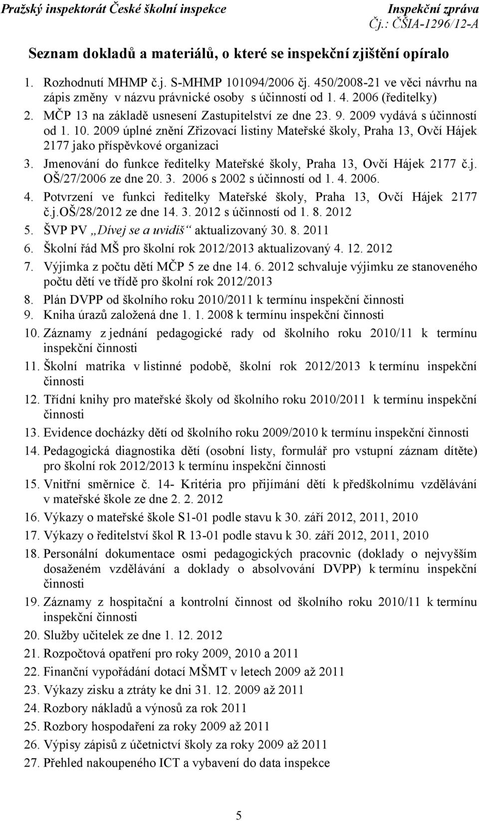 Jmenování do funkce ředitelky Mateřské školy, Praha 13, Ovčí Hájek 2177 č.j. OŠ/27/2006 ze dne 20. 3. 2006 s 2002 s účinností od 1. 4.