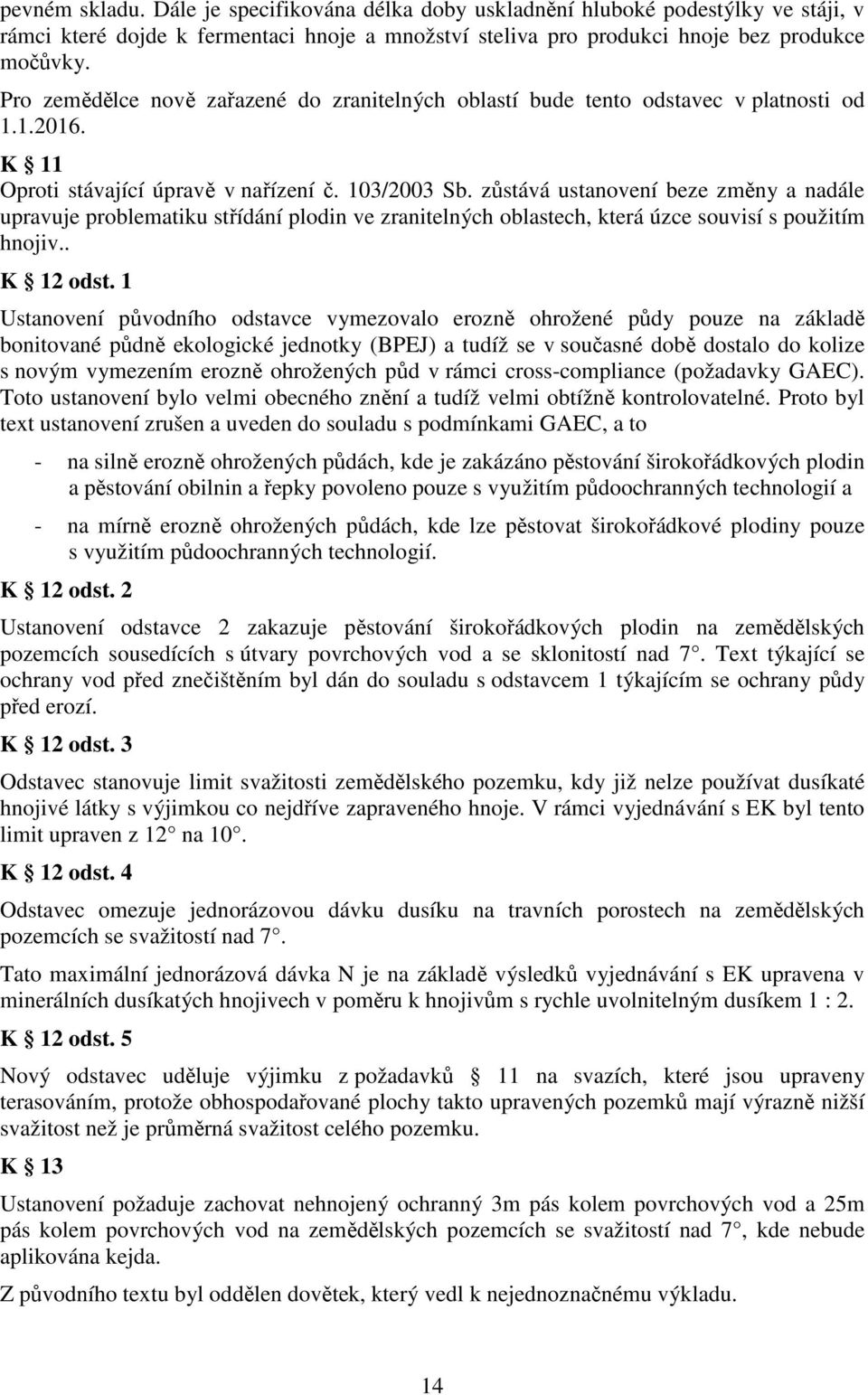 zůstává ustanovení beze změny a nadále upravuje problematiku střídání plodin ve zranitelných oblastech, která úzce souvisí s použitím hnojiv.. K 12 odst.