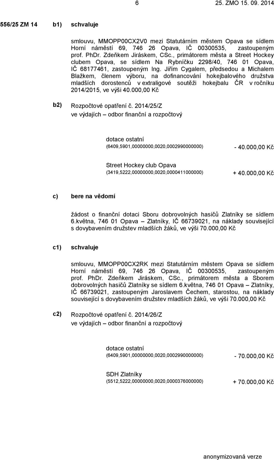 Jiřím Cygalem, předsedou a Michalem Blažkem, členem výboru, na dofinancování hokejbalového družstva mladších dorostenců v extraligové soutěži hokejbalu ČR v ročníku 2014/2015, ve výši 40.