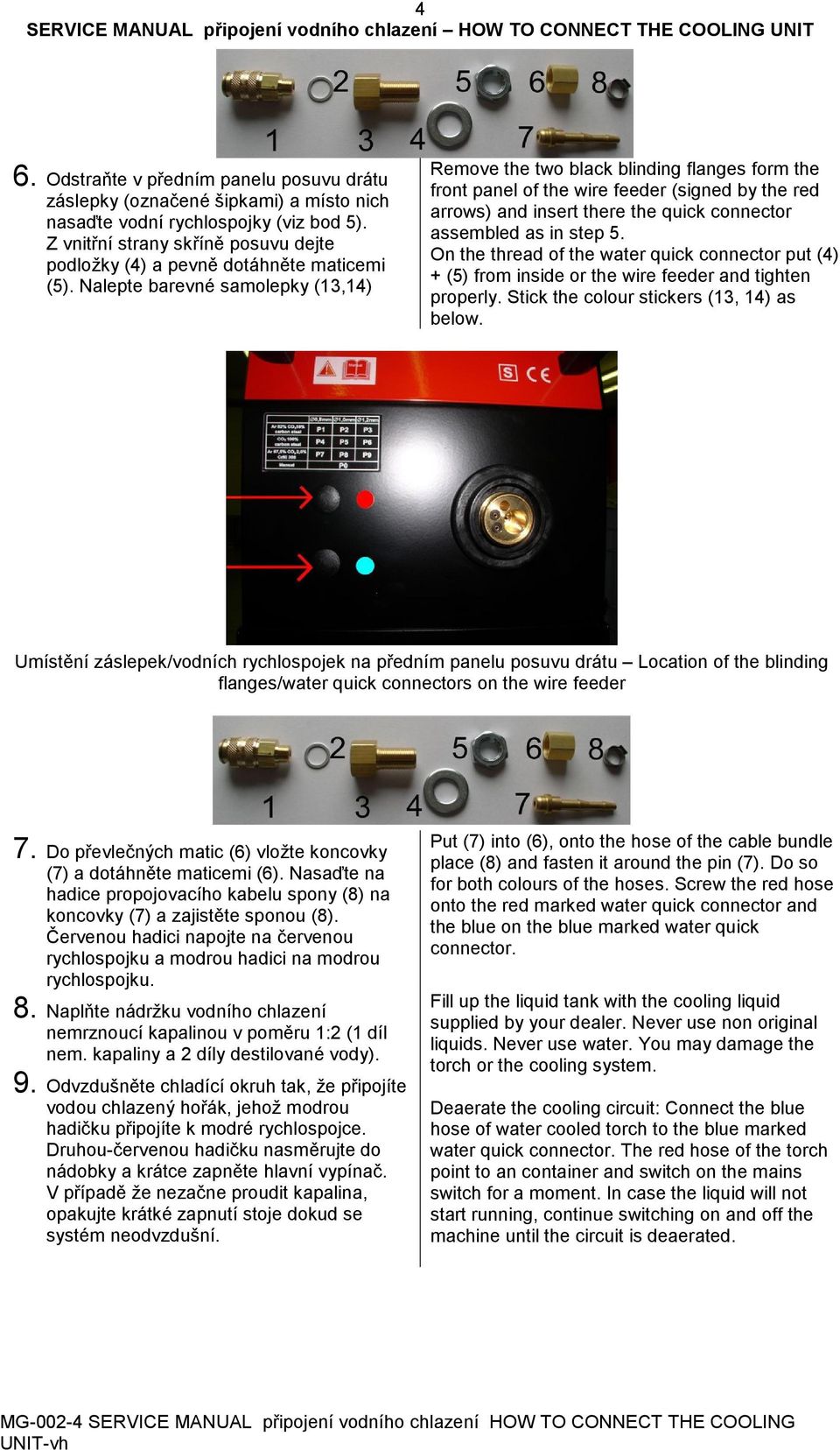 Nalepte barevné samolepky (13,14) Remove the two black blinding flanges form the front panel of the wire feeder (signed by the red arrows) and insert there the quick connector assembled as in step 5.