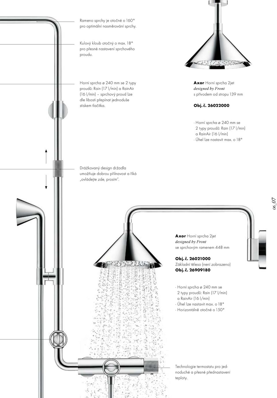 Axor Horní sprcha 2jet designed by Front s přívodem od stropu 139 mm Obj. č. 26022000 Horní sprcha ø 240 mm se 2 typy proudů: Rain (17 l/min) a RainAir (16 l/min) Úhel lze nastavit max.