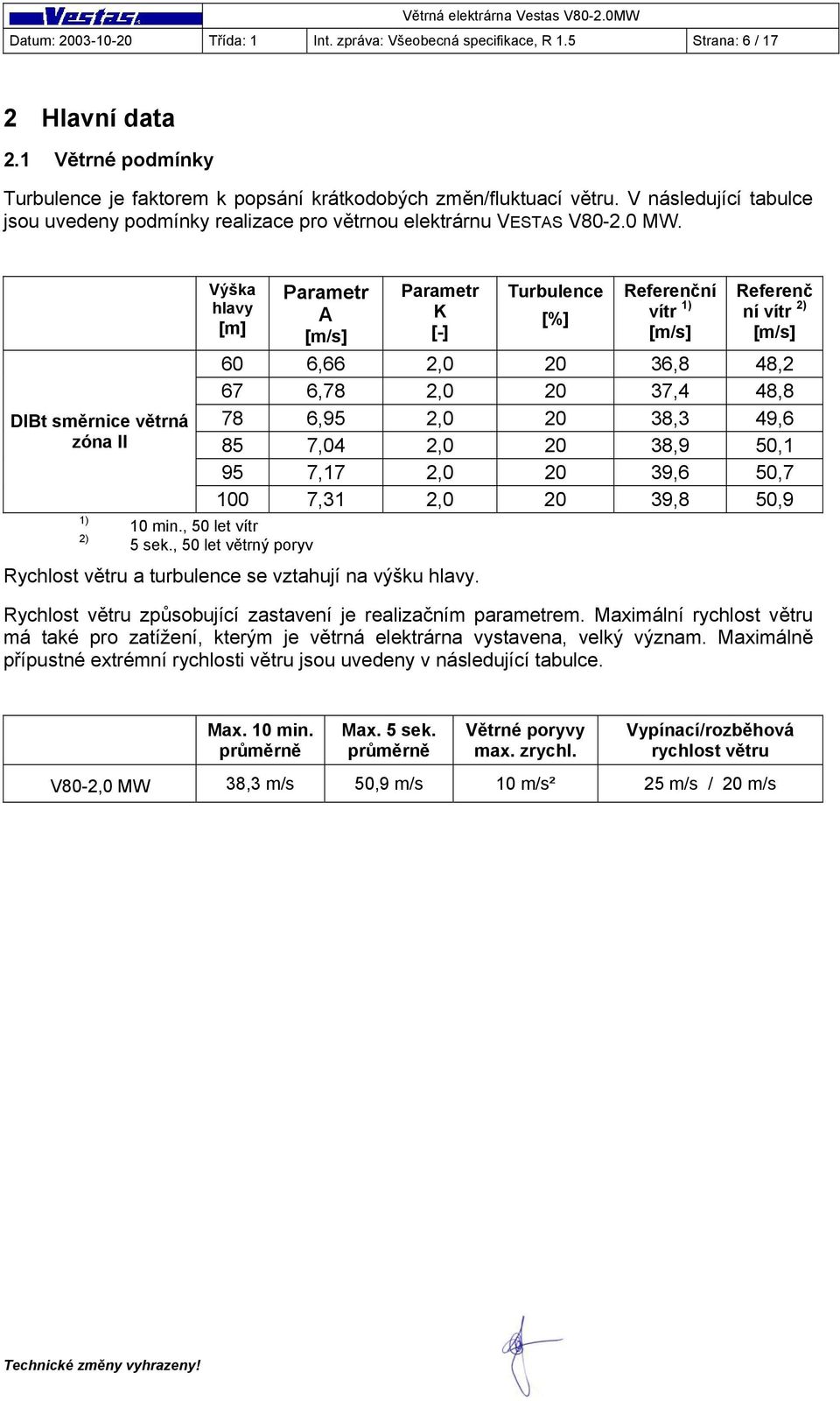 DIBt směrnice větrná zóna II 1) 2) Výška hlavy [m] Parametr A [m/s] Parametr K [-] Turbulence [%] Referenční vítr 1) [m/s] Referenč ní vítr 2) [m/s] 60 6,66 2,0 20 36,8 48,2 67 6,78 2,0 20 37,4 48,8