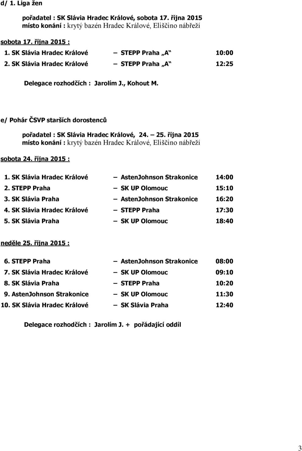 e/ Pohár ČSVP starších dorostenců pořadatel : SK Slávia Hradec Králové, 24. 25. října 2015 místo konání : krytý bazén Hradec Králové, Eliščino nábřeží sobota 24. října 2015 : 1.