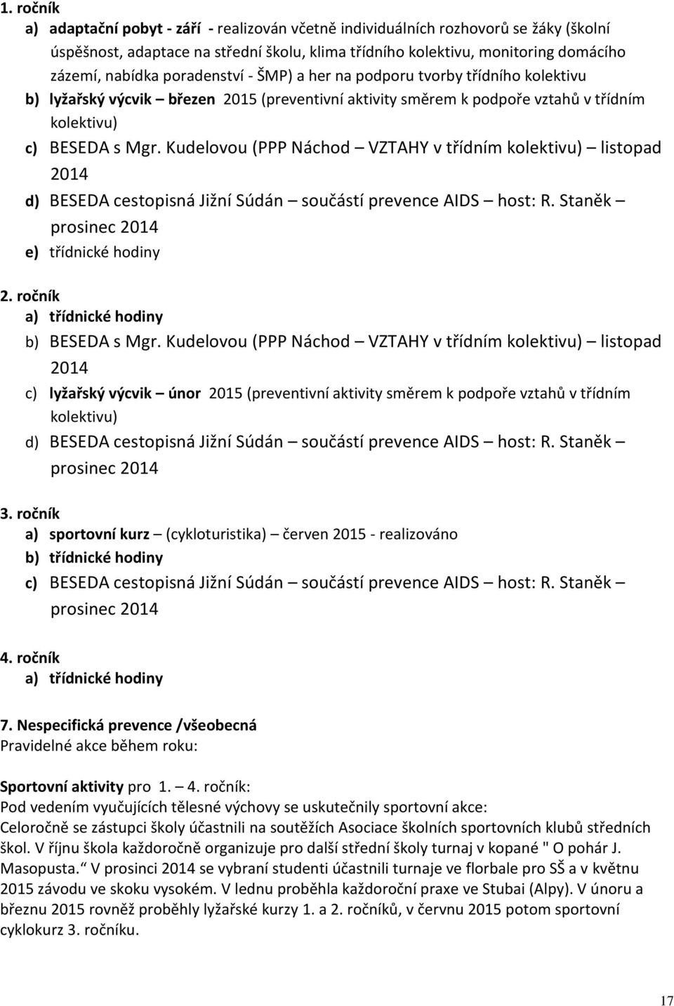 Kudelovou (PPP Náchod VZTAHY v třídním kolektivu) listopad 2014 d) BESEDA cestopisná Jižní Súdán součástí prevence AIDS host: R. Staněk prosinec 2014 e) třídnické hodiny 2.