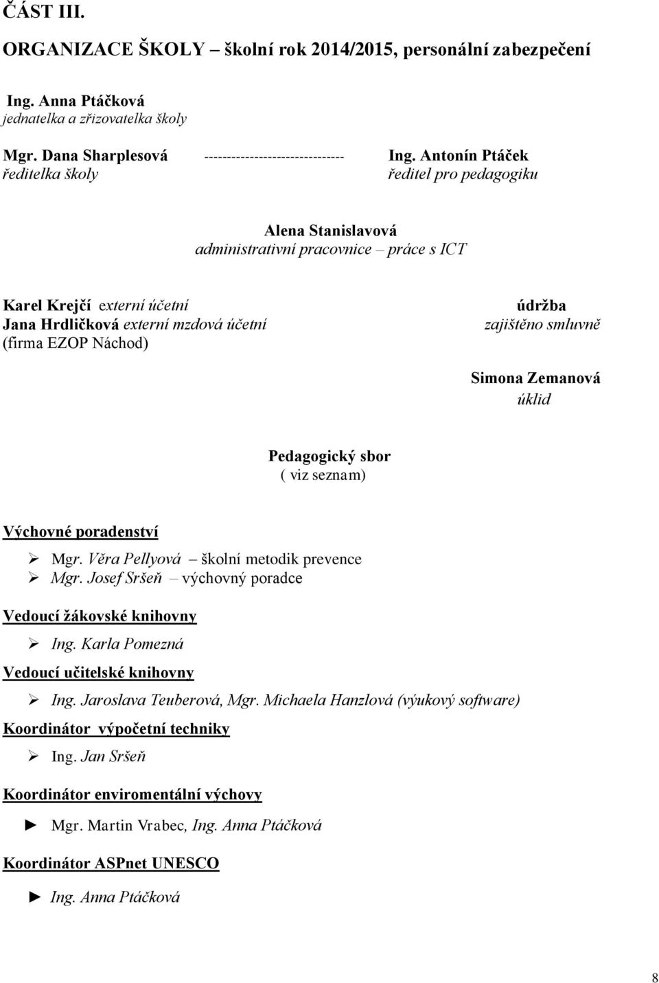 údržba zajištěno smluvně Simona Zemanová úklid Pedagogický sbor ( viz seznam) Výchovné poradenství Mgr. Věra Pellyová školní metodik prevence Mgr.