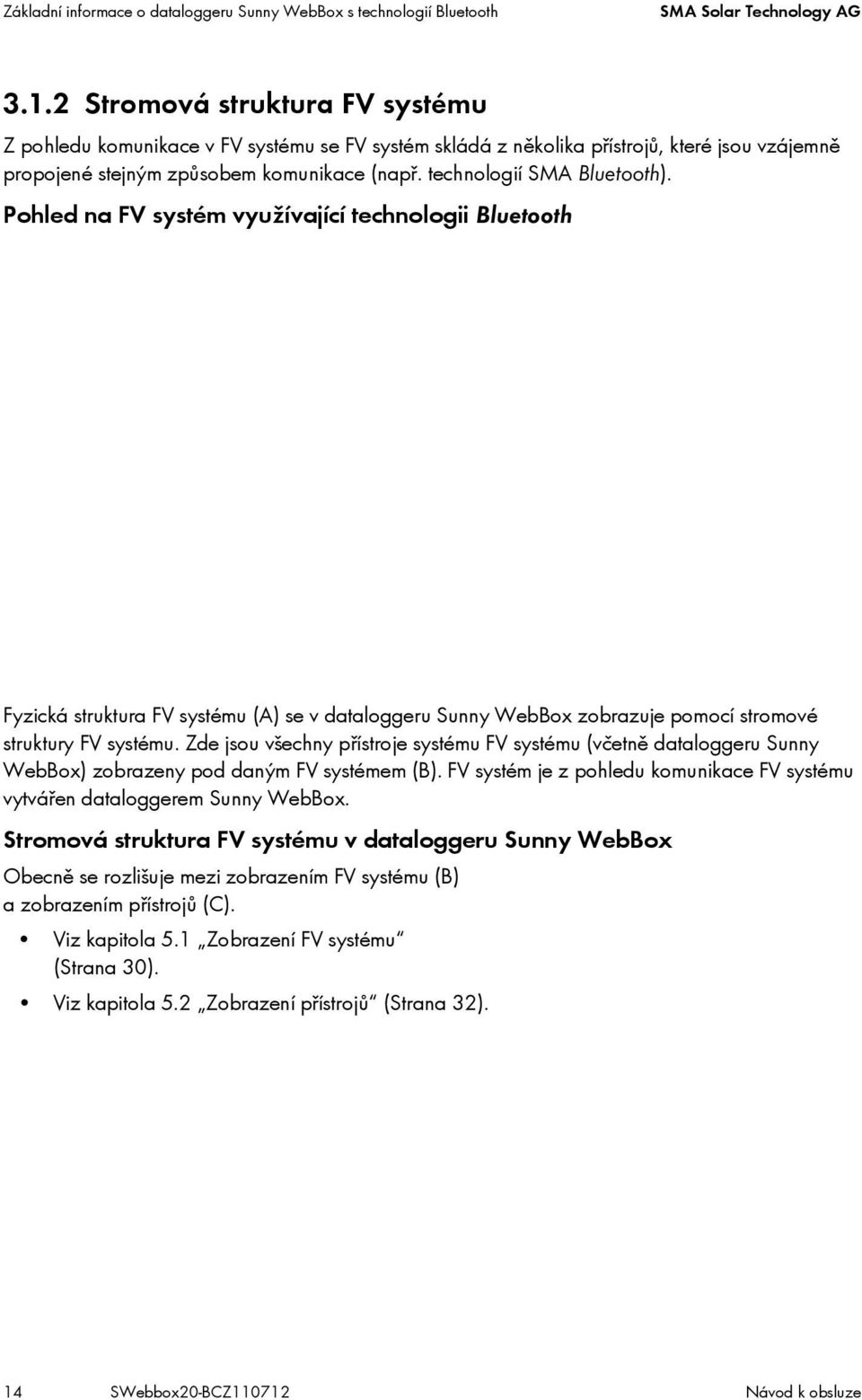 Pohled na FV systém využívající technologii Bluetooth Fyzická struktura FV systému (A) se v dataloggeru Sunny WebBox zobrazuje pomocí stromové struktury FV systému.