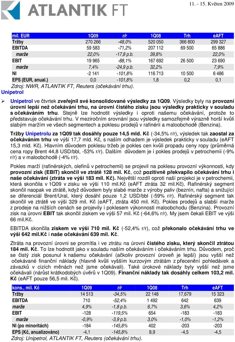 Unipetrol Unipetrol ve tvrtek zveejnil své konsolidované výsledky za 1Q09.