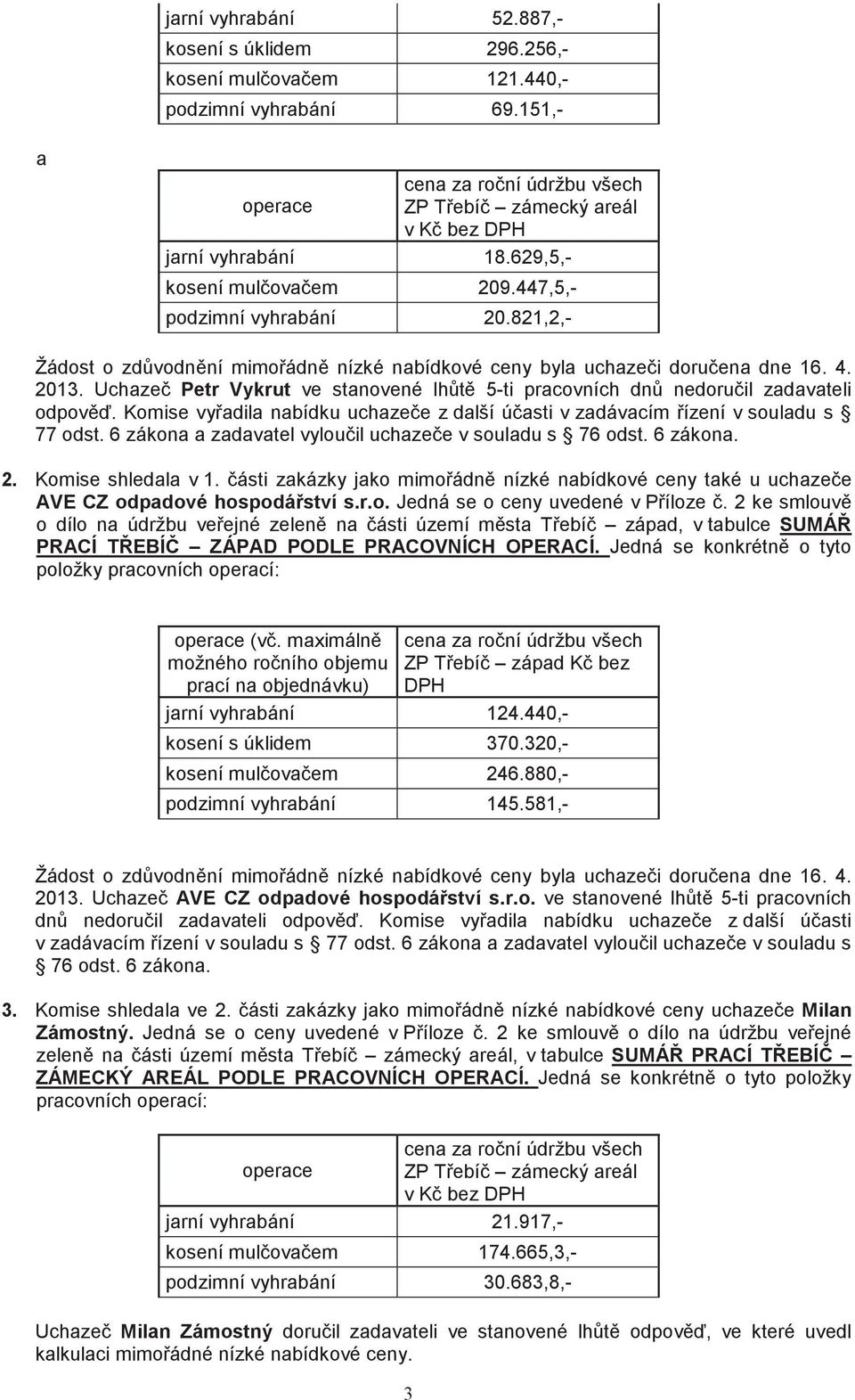 Uchaze Petr Vykrut ve stanovené lht 5-ti pracovních dn nedoruil zadavateli odpov. Komise vyadila nabídku uchazee z další úasti v zadávacím ízení v souladu s 77 odst.