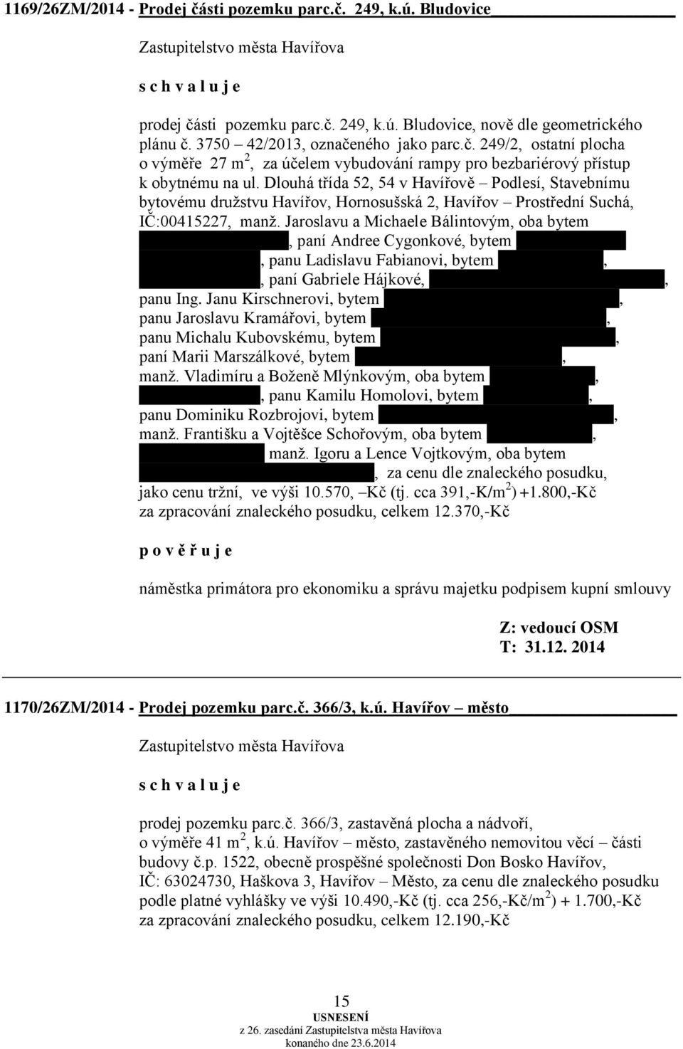 Jaroslavu a Michaele Bálintovým, oba bytem Přehradní 228, Pavlov, paní Andree Cygonkové, bytem Dlouhá třída 52, Havířov Podlesí, panu Ladislavu Fabianovi, bytem Dlouhá třída 54, Havířov Podlesí, paní