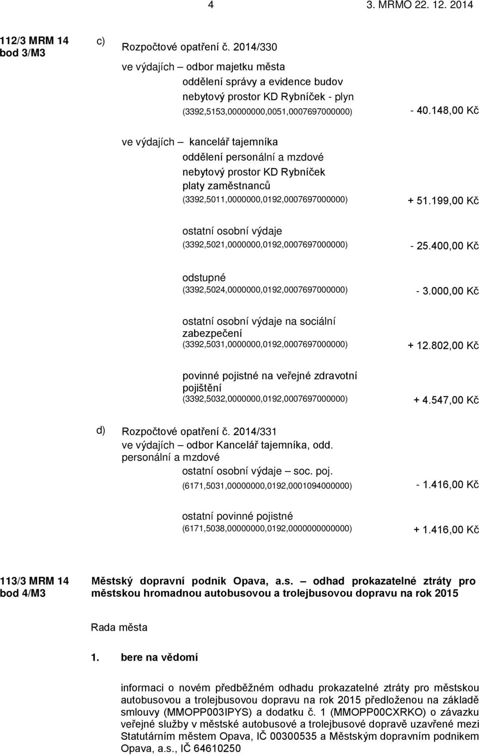 148,00 Kč ve výdajích kancelář tajemníka oddělení personální a mzdové nebytový prostor KD Rybníček platy zaměstnanců (3392,5011,0000000,0192,0007697000000) + 51.