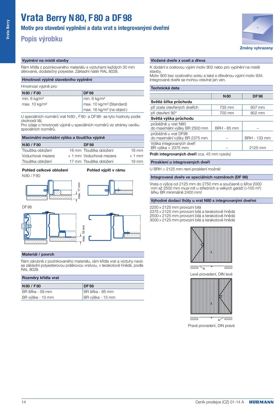 10 kg/m² (Standard) max. 16 kg/m² (na objed.) U speciálních rozměrů vrat N 80-, F 80- a DF 98- se tyto hodnoty podle okolností liší.