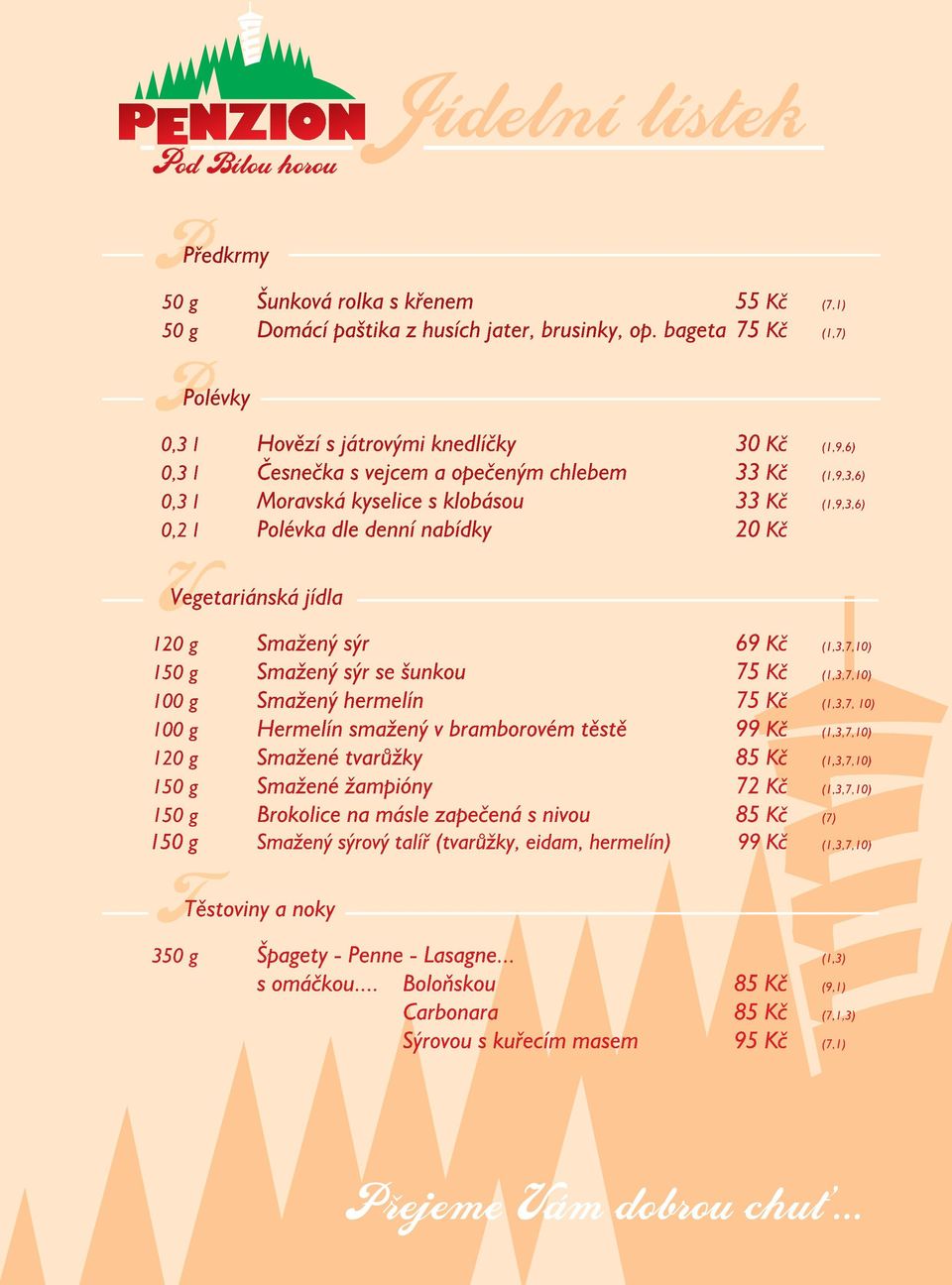 Polévka dle denní nabídky 20 Kč V Vegetariánská jídla 120 g Smažený sýr 69 Kč (1,3,7,10) 150 g Smažený sýr se šunkou 75 Kč (1,3,7,10) 100 g Smažený hermelín 75 Kč (1,3,7, 10) 100 g Hermelín smažený v