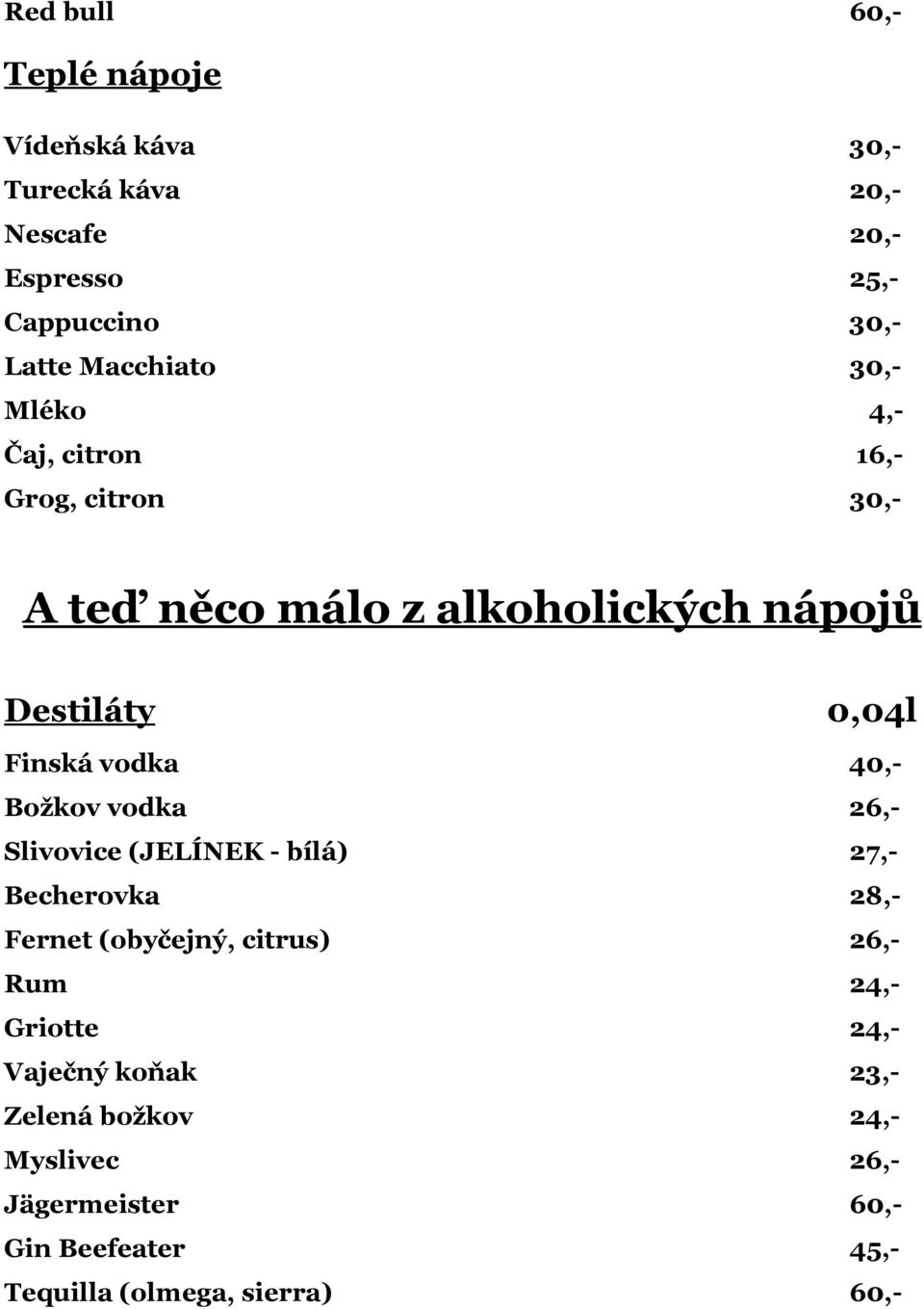 Finská vodka 40,- Božkov vodka 26,- Slivovice (JELÍNEK - bílá) 27,- Becherovka 28,- Fernet (obyčejný, citrus) 26,- Rum