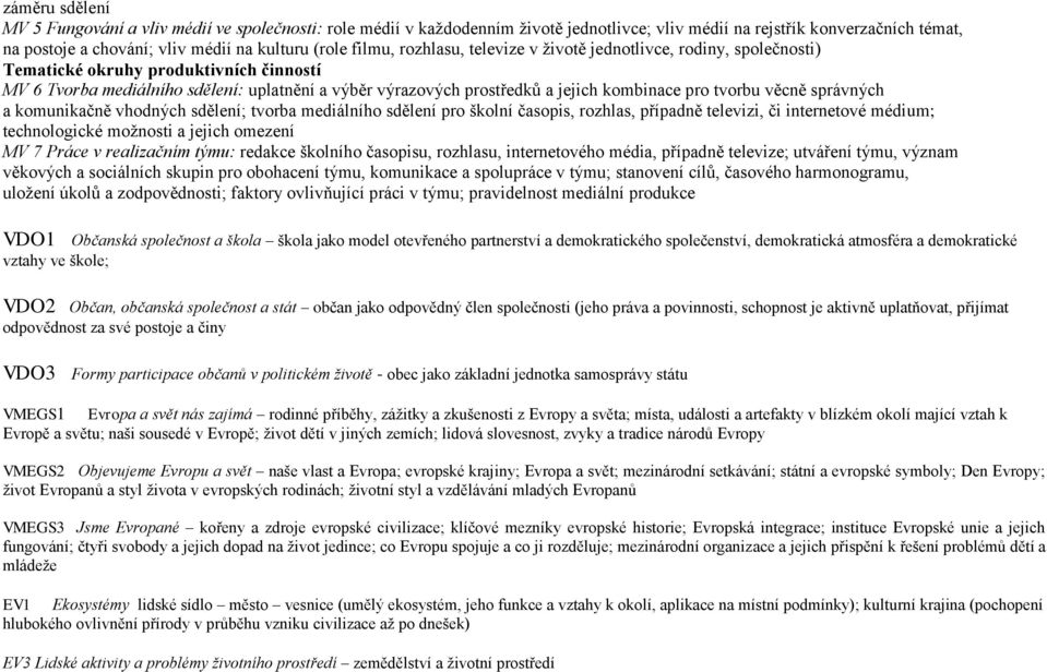 pro tvorbu věcně správných a komunikačně vhodných sdělení; tvorba mediálního sdělení pro školní časopis, rozhlas, případně televizi, či internetové médium; technologické možnosti a jejich omezení MV