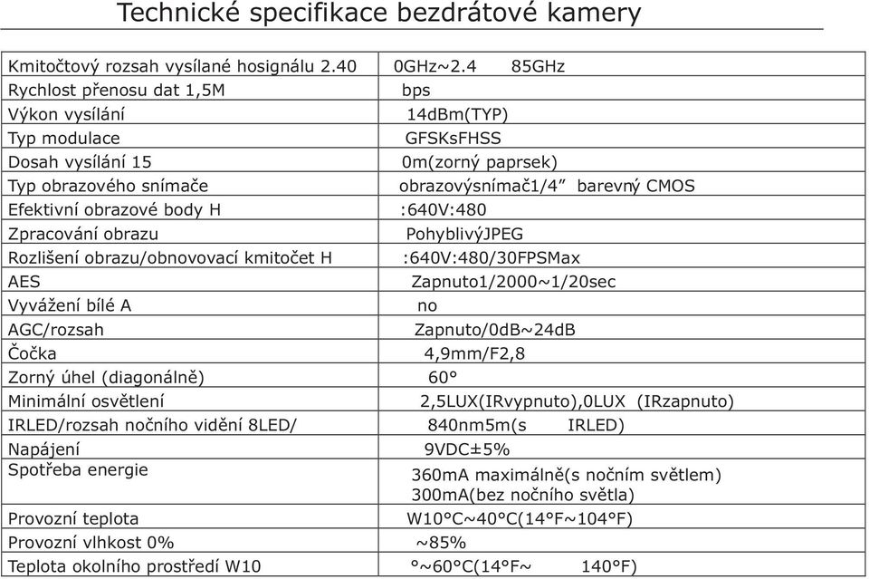 bílé A AGC/rozsah Èoèka bps 14dBm(TYP) GFSKsFHSS 0m(zorný paprsek) obrazovýsnímaè1/4 barevný CMOS :640V:480 Zorný úhel (diagonálnì) 60 Minimální osvìtlení PohyblivýJPEG :640V:480/30FPSMax