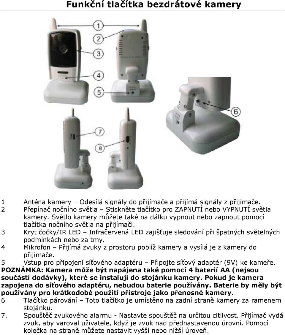 3 Kryt čočky/ir LED Infračervená LED zajišťuje sledování při špatných světelných podmínkách nebo za tmy. 4 Mikrofon Přijímá zvuky z prostoru poblíž kamery a vysílá je z kamery do přijímače.