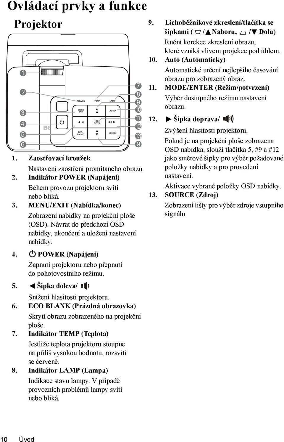 Návrat do předchozí OSD nabídky, ukončení a uložení nastavení nabídky. 4. POWER (Napájení) Zapnutí projektoru nebo přepnutí do pohotovostního režimu. 5. Šipka doleva/ Snížení hlasitosti projektoru. 6.